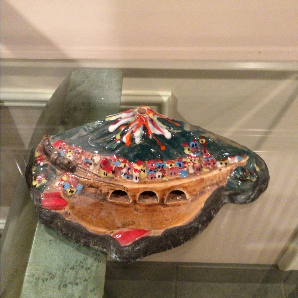 Vintage Colorful Ceramic Mount Etna Volcano Art Piece